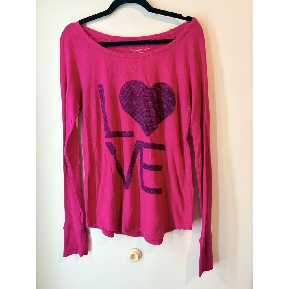 American Eagle LOVE Thermal Top Womens XL Pink Long Sleeve Waffle Knit‎ Casual